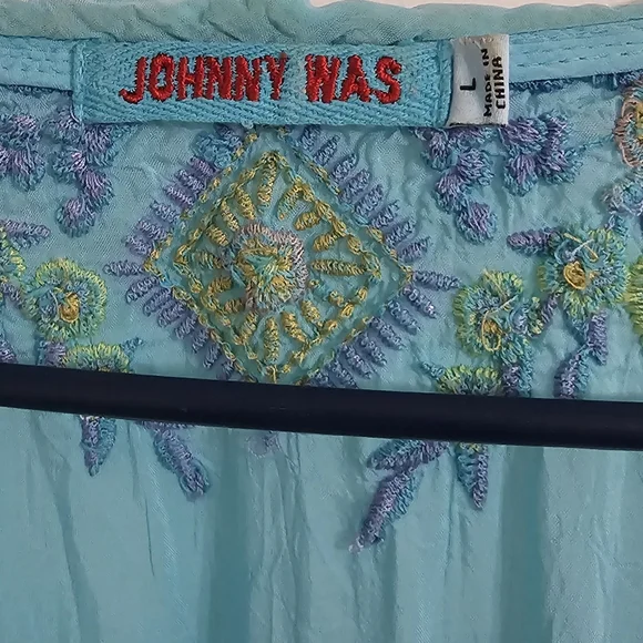Johnny Was Vicenza Tunic Women's L Bright Turquoise Embroidered Boho Hippie Chic - Picture 5 of 10